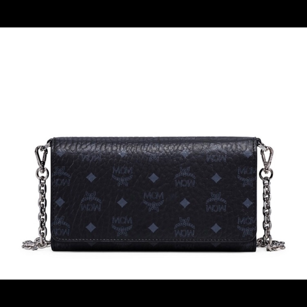 Auth MCM Visetos Chain Wallet Crossbody, color black , leather